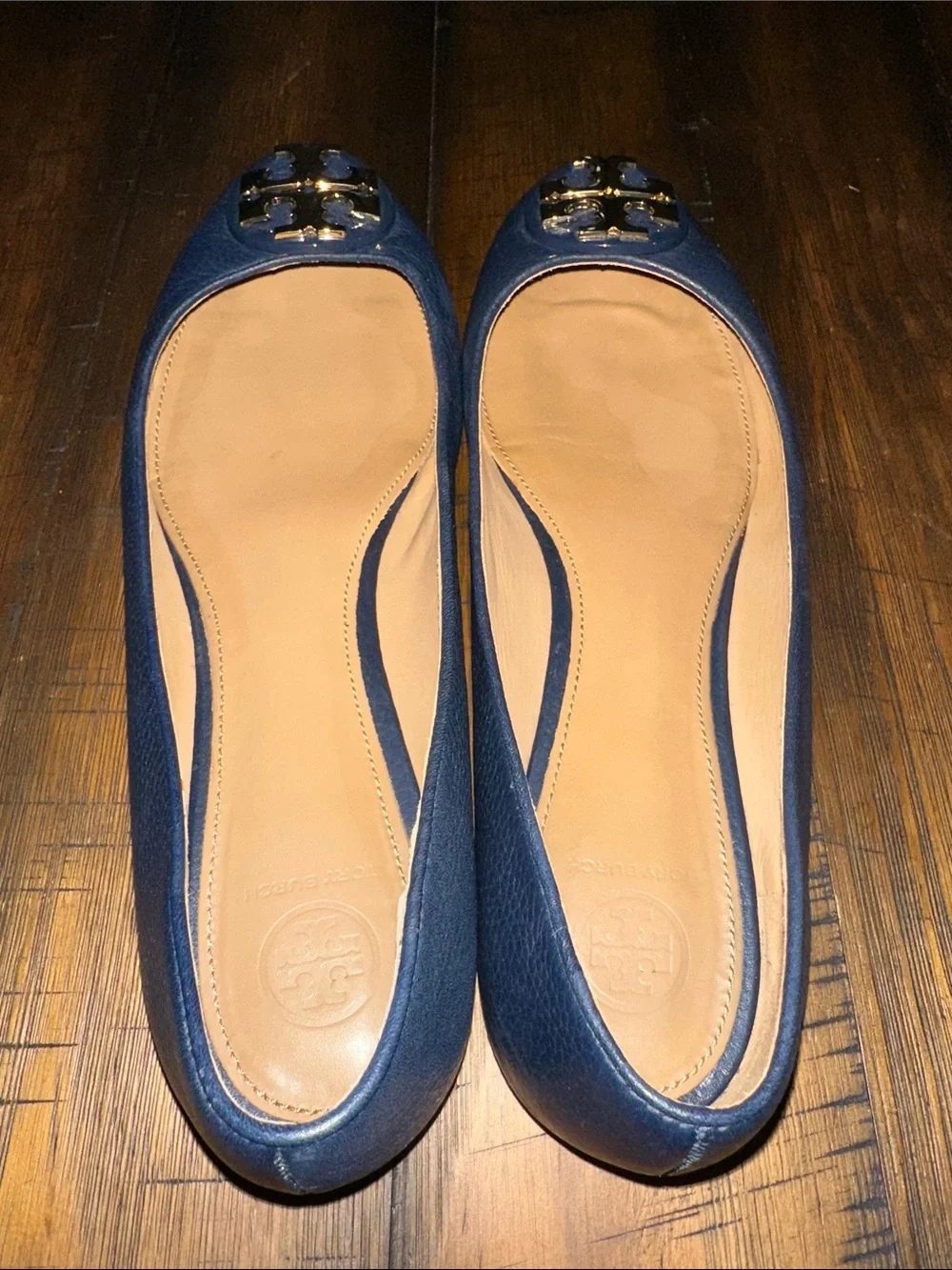 Tory Burch Navy Leather Ballet Flats with Gold Logo